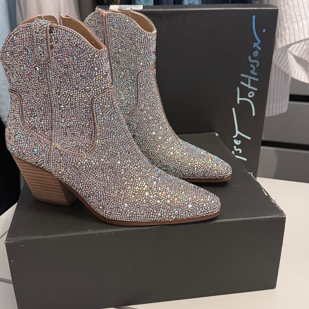 Betsey Johnson “diva” Silver Rhinestone Ankle cowgirl Boots